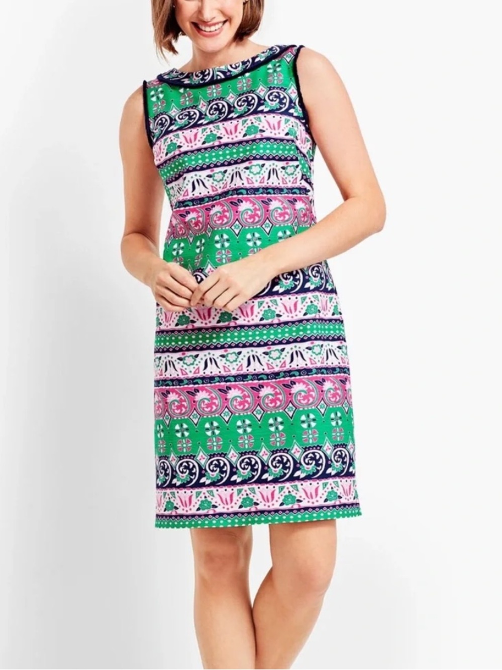 Talbots Green Pink & Navy Printed Sleeveless Sheath Dress